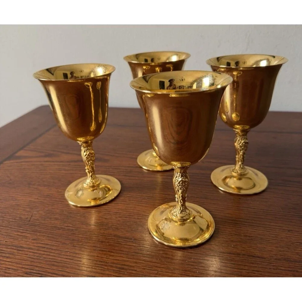 Set of 4 Vintage 24K Gold Plated Liqueur Cordial Goblets International Silver Co